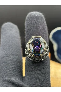Erkek Gümüş Yüzük Mistik Topaz Taşlı 925 Ayar