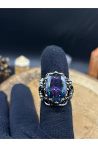 Erkek Gümüş Yüzük Mistik Topaz Taşlı 925 Ayar