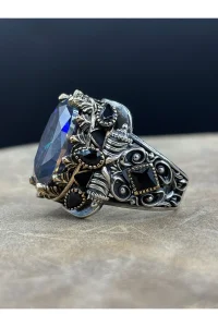 Erkek Gümüş Yüzük Mistik Topaz Taşlı 925 Ayar