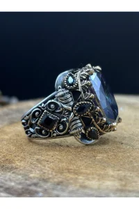 Erkek Gümüş Yüzük Mistik Topaz Taşlı 925 Ayar