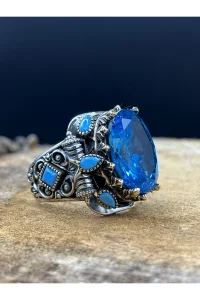 Erkek Gümüş Yüzük Aqua Marine Taşlı 925 Ayar