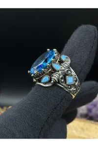 Erkek Gümüş Yüzük Aqua Marine Taşlı 925 Ayar