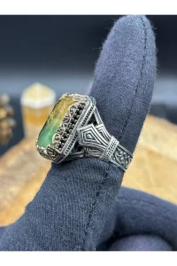 Erkek Yeşil Turmalin Taşlı 925 Ayar Gümüş Yüzük – El İşçiliği, 16 Gram Özel Tasarım