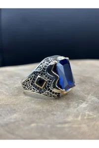 Erkek Gümüş Yüzük Mavi Safir Taşlı 925 Ayar