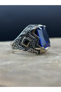 Erkek Gümüş Yüzük Mavi Safir Taşlı 925 Ayar