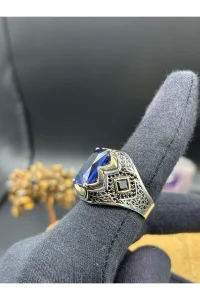 Erkek Gümüş Yüzük Mavi Safir Taşlı 925 Ayar