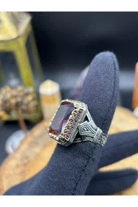 Erkek Gümüş Yüzük Kırmızı Zirkon Taşlı 925 Ayar