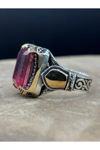 Pembe Paraiba Taşlı 925 Ayar Gümüş Erkek Yüzük – El İşçiliği, 12 Gram Özel Tasarım