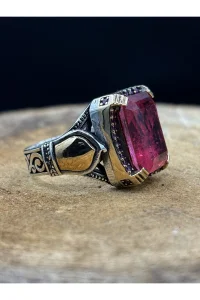 Pembe Paraiba Taşlı 925 Ayar Gümüş Erkek Yüzük – El İşçiliği, 12 Gram Özel Tasarım