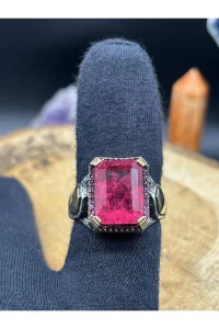 Pembe Paraiba Taşlı 925 Ayar Gümüş Erkek Yüzük – El İşçiliği, 12 Gram Özel Tasarım