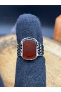 Erkek Gümüş Yüzük Bordo Akik Taşlı 925 Ayar