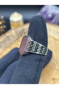 Erkek Gümüş Yüzük Bordo Akik Taşlı 925 Ayar