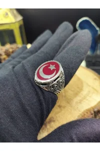 Erkek Gümüş Yüzük Türk Bayrağı İşlemeli 925 Ayar