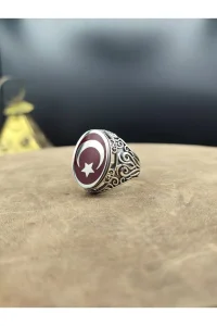Erkek Gümüş Yüzük Türk Bayrağı İşlemeli 925 Ayar