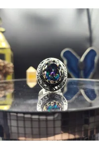 Erkek Gümüş Yüzük Mistik Topaz Taşlı 925 Ayar