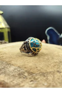 Erkek Gümüş Yüzük Ayasofya Motifli Firuze Taşlı Zirkon İşlemeli 925 Ayar