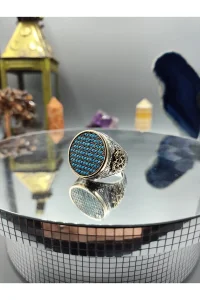 Erkek Gümüş Yüzük Turkuaz Taşlı Zirkon Detaylı 925 Ayar