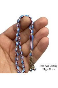 925 Ayar Gümüş Tesbih Bordo Mavi Taraftar Renkli Mineli