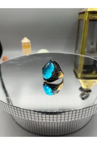 Erkek Gümüş Yüzük Aqua Marine Taşlı 925 Ayar