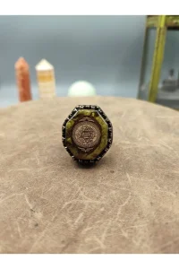 Kehribar Taşlı Köşeli Hz. Süleyman Mührü Motifli 925 Ayar Gümüş Yüzük 25.3 gram