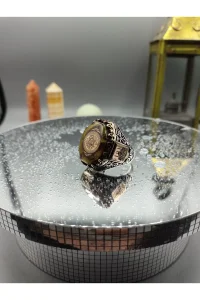 Kehribar Taşlı Köşeli Hz. Süleyman Mührü Motifli 925 Ayar Gümüş Yüzük 25.3 gram