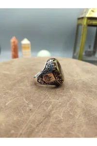 Kehribar Taşlı Köşeli Hz. Süleyman Mührü Motifli 925 Ayar Gümüş Yüzük 25.3 gram