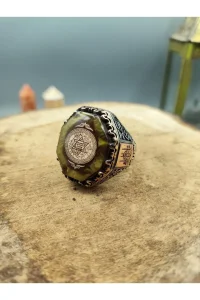 Kehribar Taşlı Köşeli Hz. Süleyman Mührü Motifli 925 Ayar Gümüş Yüzük 25.3 gram