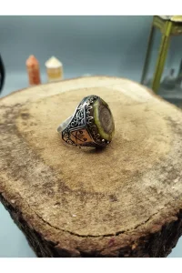 Kehribar Taşlı Köşeli Hz. Süleyman Mührü Motifli 925 Ayar Gümüş Yüzük 25.3 gram