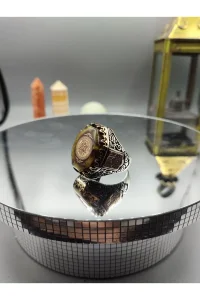 Kehribar Taşlı Köşeli Hz. Süleyman Mührü Motifli 925 Ayar Gümüş Yüzük 25.3 gram