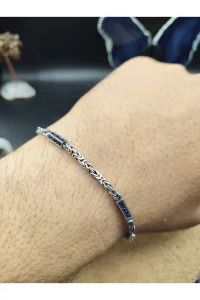 925 Ayar Gümüş Bileklik Kral Zincir Model Pave Lacivert Zirkon Taşlı 21 cm 7 Gram