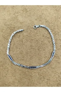 925 Ayar Gümüş Bileklik Kral Zincir Model Pave Lacivert Zirkon Taşlı 21 cm 7 Gram