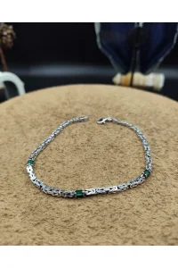 925 Ayar Gümüş Bileklik Kral Zincir Model Yeşil Zirkon Taşlı 21 cm 6,5 Gram