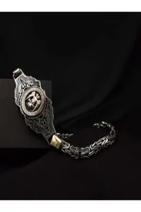 925 Ayar Gümüş Çift Başlı Kartal İşlemeli Yassı Kral Bileklik Erkek