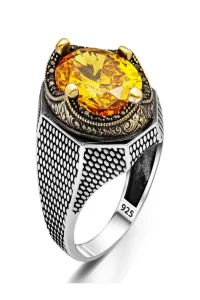 Erkek Siyah Taşlı Oval Sarı Zirkon Yüzük Gotik ve Vintage tasarım 925 ayar 21.33 gr