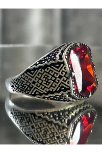 Erkek Gümüş Yüzük Kırmızı Zirkon Taşlı Siyah Mineli Otantik İşlemeli 925 Ayar