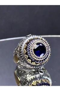 Erkek Gümüş Yüzük Lacivert Taşlı Osmanlı Desenli El İşlemeli Mineli 925 Ayar