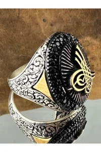 Erkek Gümüş Yüzük Osmanlı Tuğra Nal-ı Şerif Desenli Oval Siyah 925 Ayar
