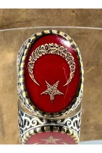Erkek Gümüş Yüzük Doğal Kırmızı Akik Taşlı Osmanlı Tuğralı El İşçiliği 925 Ayar
