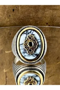 Erkek Gümüş Yüzük Doğal Yemen Akik Taşlı Altın Kaplama Etnik Vintage 925 Ayar
