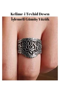 Erkek Gümüş Yüzük Kelime-i Tevhid İşlemeli Mineli El İşçiliği 925 Ayar