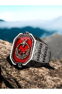 Erkek Gümüş Yüzük Göktürkçe Yazılı Çift Taraflı Türk Bayrağı Süleyman Mührü 925 Ayar