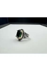 925 Ayar Gümüş Yüzük Yeşil Zirkon Taşlı Siyah Zirkon Kenarlı Oval Model El İşçiliği Erkek Yüzük