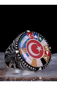 Erkek Gümüş Yüzük Ay Yıldız 16 Türk Devleti El İşçiliği Tarihi Motifli 925 Ayar