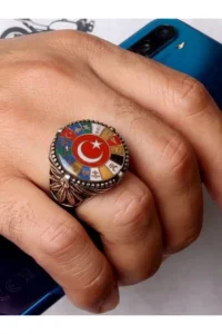 Erkek Gümüş Yüzük Ay Yıldız 16 Türk Devleti El İşçiliği Tarihi Motifli 925 Ayar