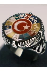 Erkek Gümüş Yüzük Ay Yıldız 16 Türk Devleti El İşçiliği Tarihi Motifli 925 Ayar