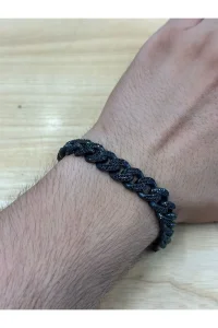 925 Ayar Gümüş Siyah Zirkon Taşlı Titanyum Bileklik Erkek