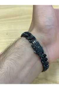 925 Ayar Gümüş Siyah Zirkon Taşlı Titanyum Bileklik Erkek