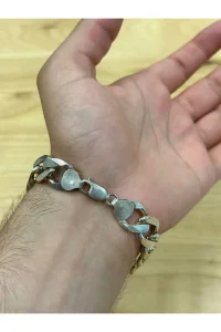 925 Ayar Gümüş Kalın Gurmet Zincir Opal Taşlı Bileklik Günlük