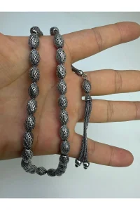 El Işçiliği Hafif Ve Şık Gümüş Arpa Kesim Fizyon Tesbih - 925 Ayar Oksitli Gümüş 26 gram 28 Cm