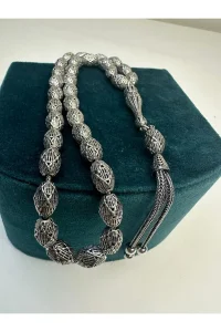 El Işçiliği Hafif Ve Şık Gümüş Arpa Kesim Fizyon Tesbih - 925 Ayar Oksitli Gümüş 26 gram 28 Cm
